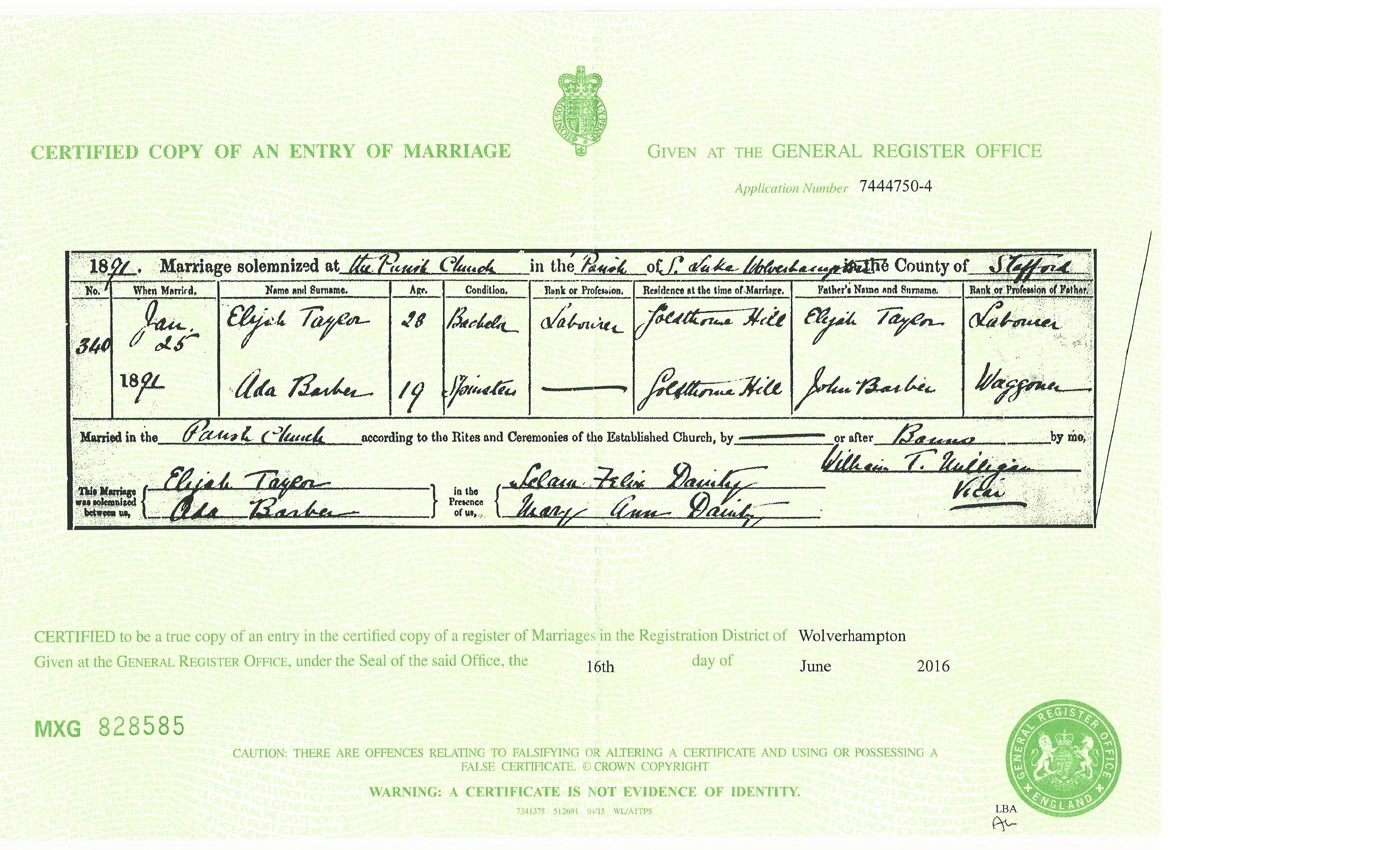 Elizah Taylor & Ada Barber Marriage